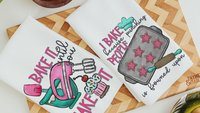 I bake because punching people is frowned upon towels, baking bridal shower kitchen gifts, funny baking kitchen towels, baker gift for women