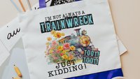 i'm not always a trainwreck funny tote bag for college students, back to school gifts for teachers, just kidding toot toot snarky tote bag