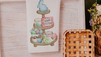 Happy Easter kitchen towels for gifts, Easter hostess gifts for women, pastel Easter kitchen hand towels for church, Easter eggs and bunnies