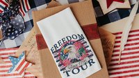 bald eagle freedom tour throw pillows for porch, Americana decor with pink floral 4th of July kitchen towels, patriotic gifts for women