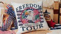 bald eagle freedom tour throw pillows for porch, Americana decor with pink floral 4th of July kitchen towels, patriotic gifts for women
