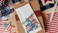 let freedom ring throw pillows for porch swing, Americana decor with pink 4th of July kitchen towels, military mom gifts, America est 1776