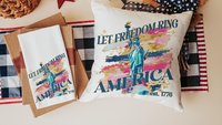let freedom ring throw pillows for porch swing, Americana decor with pink 4th of July kitchen towels, military mom gifts, America est 1776