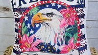 bald eagle freedom tour throw pillows for porch, Americana decor with pink floral 4th of July kitchen towels, patriotic gifts for women
