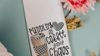 running on coffee and chaos funny kitchen towels for women, coffee lover gift for girlfriend, coffee bar accessories, coffee kitchen decor