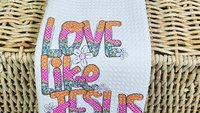 love like Jesus whimsical Christian kitchen towels, cute Christian gifts for sisters, pink checkered floral kitchen decor, faith kitchen
