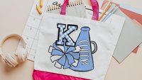 personalized red checkered initial tote bag for girls, cheer squad gifts, cheer travel bag for teens, cheerleader gift with school colors