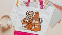 personalized orange checkered initial tote bag for college students, cheerleader tote bag for girls, cheer gifts for team, back to school