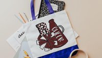 personalized orange checkered initial tote bag for college students, cheerleader tote bag for girls, cheer gifts for team, back to school