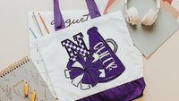 personalized orange checkered initial tote bag for college students, cheerleader tote bag for girls, cheer gifts for team, back to school