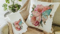 blush pink butterfly throw pillows for dorm, watercolor flower kitchen towels for sister, college apartment gift for best friend, muted teal