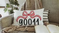 personalized cherry red school spirit coquette throw pillow for dorm, college gifts for girls, custom zip code pillow, college apartment