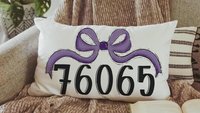 personalized school spirit coquette throw pillow for dorm, purple team spirit college gifts for her, zip code pillow for bed, college dorm