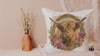 shaggy cow pillow cover 18x18 fall style gift, highland cow kitchen decor, floral cow kitchen towels, fall host gift, cute cow gifts for cow
