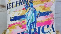 let freedom ring throw pillows for porch swing, Americana decor with pink 4th of July kitchen towels, military mom gifts, America est 1776