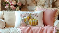 hello fall accent pillows for sofa, fall style gift, pink autumn decor, watercolor pumpkin fall decor best seller, fall host gift, sunflower