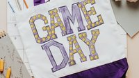 game day tote bag for women, purple school pride football mom gifts, back to school gifts for school staff, tailgate gear, sports tote bag