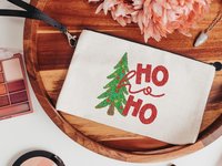ho ho ho Christmas wristlet with strap, faux sequin Christmas tree Christmas makeup bag for women, unique stocking stuffers mom Christmas