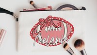personalized red school spirit pencil bag with name, red seersucker football cheer Christmas gifts for girls, cute cheerleader makeup bag