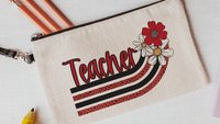 orange and white daisy pencil pouch personalized cute makeup bag, orange school spirit school supplies, first grade teacher gifts for women