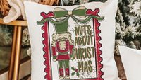 Nuts about Christmas nutcracker throw pillow for couch, coquette Christmas kitchen towels for friends, grand millennial Christmas decor for