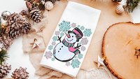 cute snowman throw pillow covers 18x18, pale pink snowflake kitchen towels, girly Christmas gifts for adult daughter, aqua Christmas decor