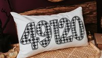 personalized black and white grunge harlequin pillow for dorm, custom zip code lumbar pillow home decor, girly gothic gifts for home, moving