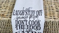 I can't go to prison sarcastic kitchen towels, cooking gifts for women, bestie birthday gifts for her, funny kitchen decor, snarky gifts for