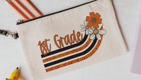 orange and white daisy pencil pouch personalized cute makeup bag, orange school spirit school supplies, first grade teacher gifts for women