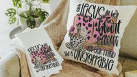 with Jesus in her heart leopard print throw pillows best sellers, Christian kitchen towels, religious Christmas gifts for godmother, coffee