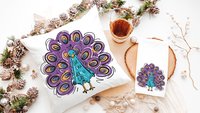 purple peacock decorative accent pillows for dorm room, cute peacock gifts, turquoise peacock kitchen towels for friends, teal peacock decor