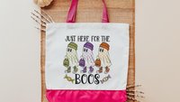 just here for the boos trick or treat bags for girls, funny Halloween tote bag for women, boo basket gifts for her, checkered ghost makeup