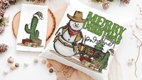 wild west cowboy snowman cute Christmas throw pillows for sofa, country western Christmas decor, cactus Christmas kitchen towel, funny
