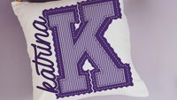 personalized kelly green initial pillow for dorm room, college student gift, seersucker stripe throw pillow with name on it, school spirit