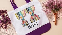 faux patchwork Michigan tote bag for library books, Michigan Christmas gifts for realtors, boho Michigan girls trip tote bags for women