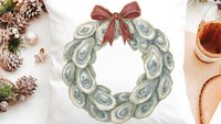 oyster shell Christmas wreath throw pillows for couch, holiday hosting decor home decor gift, oyster Christmas gifts for colleagues, coastal