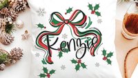 personalized mistletoe and holly Christmas coquette throw pillow with name, Christmas bow accent pillow for couch, cute Christmas gifts for