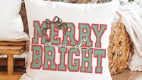 merry and bright preppy Christmas throw pillows for couch red and green seersucker Christmas decor, holiday hosting decor home decor gift