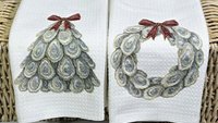 oyster shell Christmas tree kitchen towels for winter, oyster Christmas home decor gifts for Mom, oyster shell Christmas wreath hand towels
