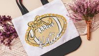 personalized yellow seersucker football tote for games, yellow school spirit bag with name, cute cheer squad gifts, cheer tote bag for girls