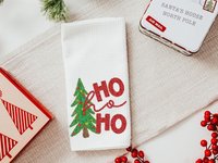 ho ho ho Christmas tree throw pillow for sofa, Christmas housewarming gift set for women, faux sequin Christmas kitchen towels, secret Santa