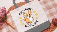 life is better with a dog corgi tote bag for women, Pembroke Welsh corgi gifts for corgi lovers, cute corgi mom tote bag for books, cardigan