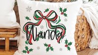 personalized mistletoe and holly Christmas coquette throw pillow with name, Christmas bow accent pillow for couch, cute Christmas gifts for