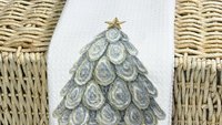 oyster shell Christmas tree tea towel for bathroom, coastal Christmas kitchen towel for women, nautical housewarming gifts for her, holiday