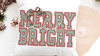 merry and bright preppy Christmas throw pillows for couch red and green seersucker Christmas decor, holiday hosting decor home decor gift