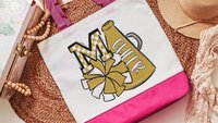 personalized white and gold cheer tote bag for girls, cheer gifts for seniors, gold checkered initial tote bag for teen girls back to school