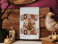 gobble gobble turkey Thanksgiving kitchen towels for fall, faux patchwork turkey hand towels for autumn, Friendsgiving gifts for girlfriends