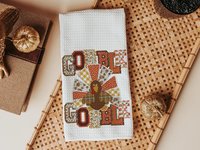 gobble gobble turkey Thanksgiving kitchen towels for fall, faux patchwork turkey hand towels for autumn, Friendsgiving gifts for girlfriends