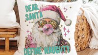 dear Santa define good define naughty pink Christmas throw pillows for couch, leopard print pillow Christmas gifts for new home, Santa Claus