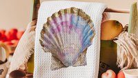 scallop shell kitchen towels for gifts, beachy hand towels for guest bathroom, opalite home decor gift for her, coastal decor for bathroom